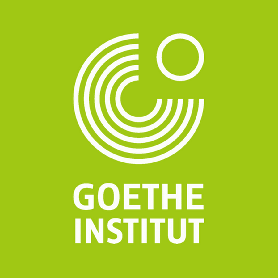 Hero image for the Goethe Institut featuring the logo for the Goethe Insitut in white with a logo comprised of a series of concentric circles that only span three quarters of the circle with one smaller circle filling in the missing quarter above it. The background is lime green.
