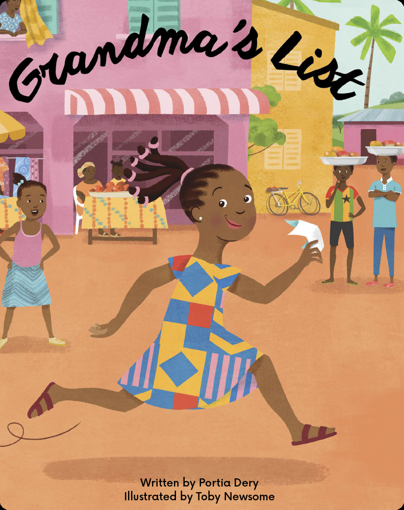 Cover for Grandma's List featuring an illustration of a young girl in a patterned dress runnng through a colorful market with people looking at her with curiosity and a piece of paper in her hand. The ground is a dusty orange and the buildings in the background are pink and yellow.