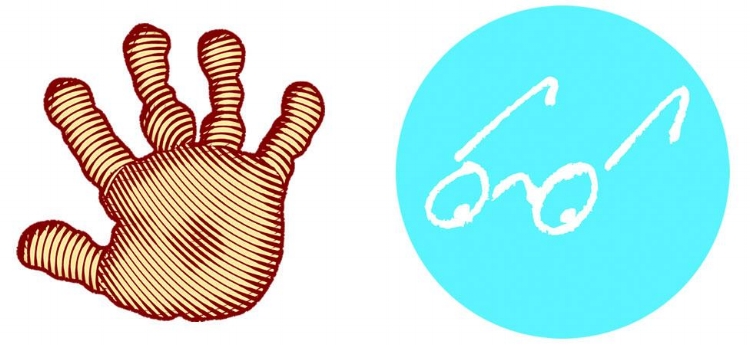 Post image for Handprint Books featuring their logo which is a graphic of a handprint outlined in red and filled with varying brown shades. The lines within the handprint mimic fingerprint-like textures. To the right of that is the Chronicle Books logo which is a bright light blue circle with a white hand drawn image of a pair of round eyeglasses.