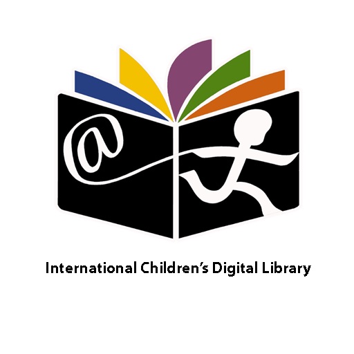 Hero image for the International Children's Digital Library featuring the organization's logo which is a graphic of a black silhouette of a book with a white cutout of a kid dragging an "@" symbol behind him. The pages of the book are each a different color including blue, yellow, purple, green, and orange.