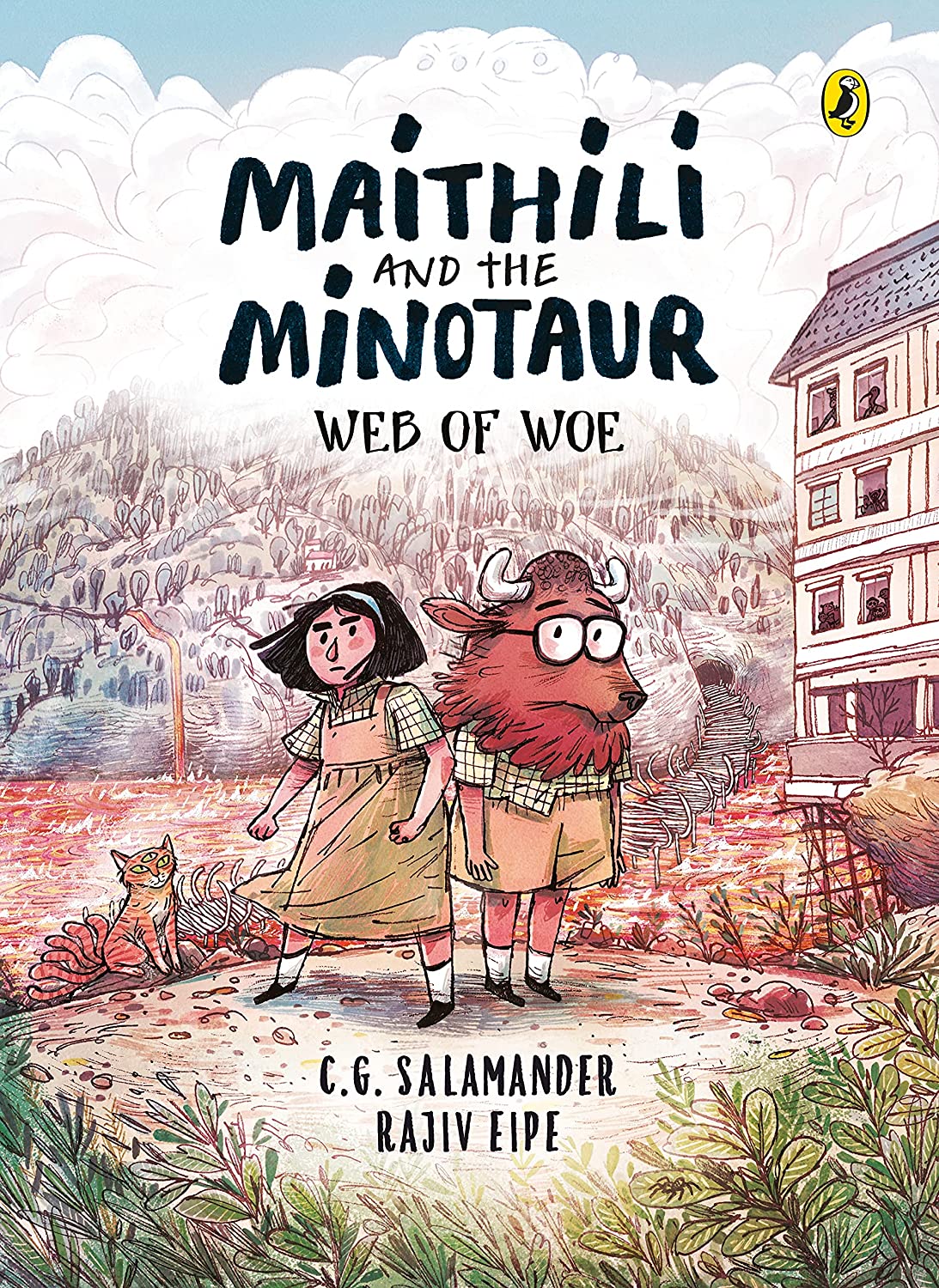 Cover of Maithili and the Minotaur: Web of Woe featuring an illustration of a determined-looking young girl in a dress next to a nerdy looking minotaur with the body of a human and a cat with three eyes and a building in the background. They are among a lush natural landscape with a body of water and bridge across it in the background with clouds in the sky.