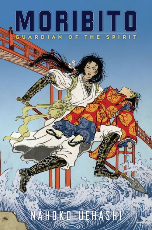 Cover for Moribito: Guardian of the Spirit featuring an illustration of warrior-like figure dressed in white and in motion holding a person who is passed out and dressed in a red and orange print in their arms. In the background is a wooden bridge and below them is an illustration of tumultuous water with foamy waves.