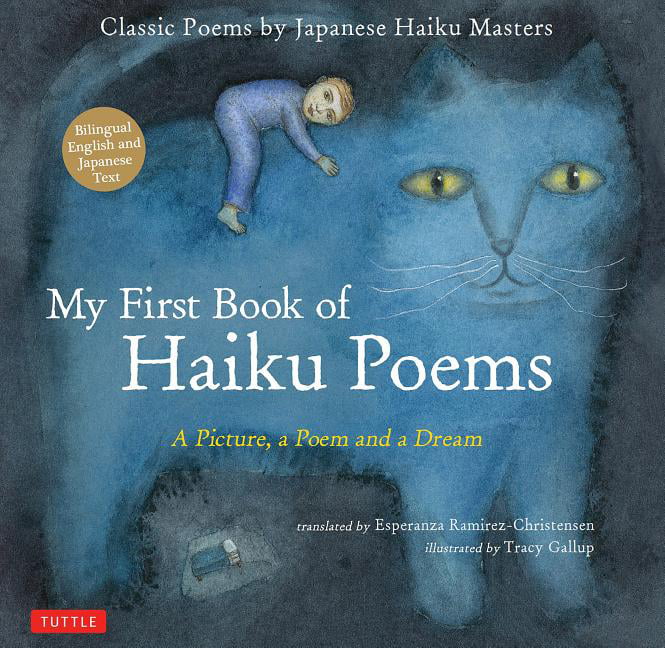 Cover of My First Book of Haiku Poems featuring an illustration of a comically large blue cat with a child in pajamas riding its back on a dark grey background.