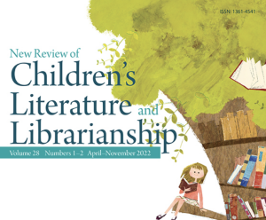 Hero image of a New Review of Children's Literature and Librarianship featuring an excerpt from one of the covers of one of the journals' editions with an illustration of a young girl in a treehouse where the tree is also a bookshelf and the journals' title displayed in blue and teal.