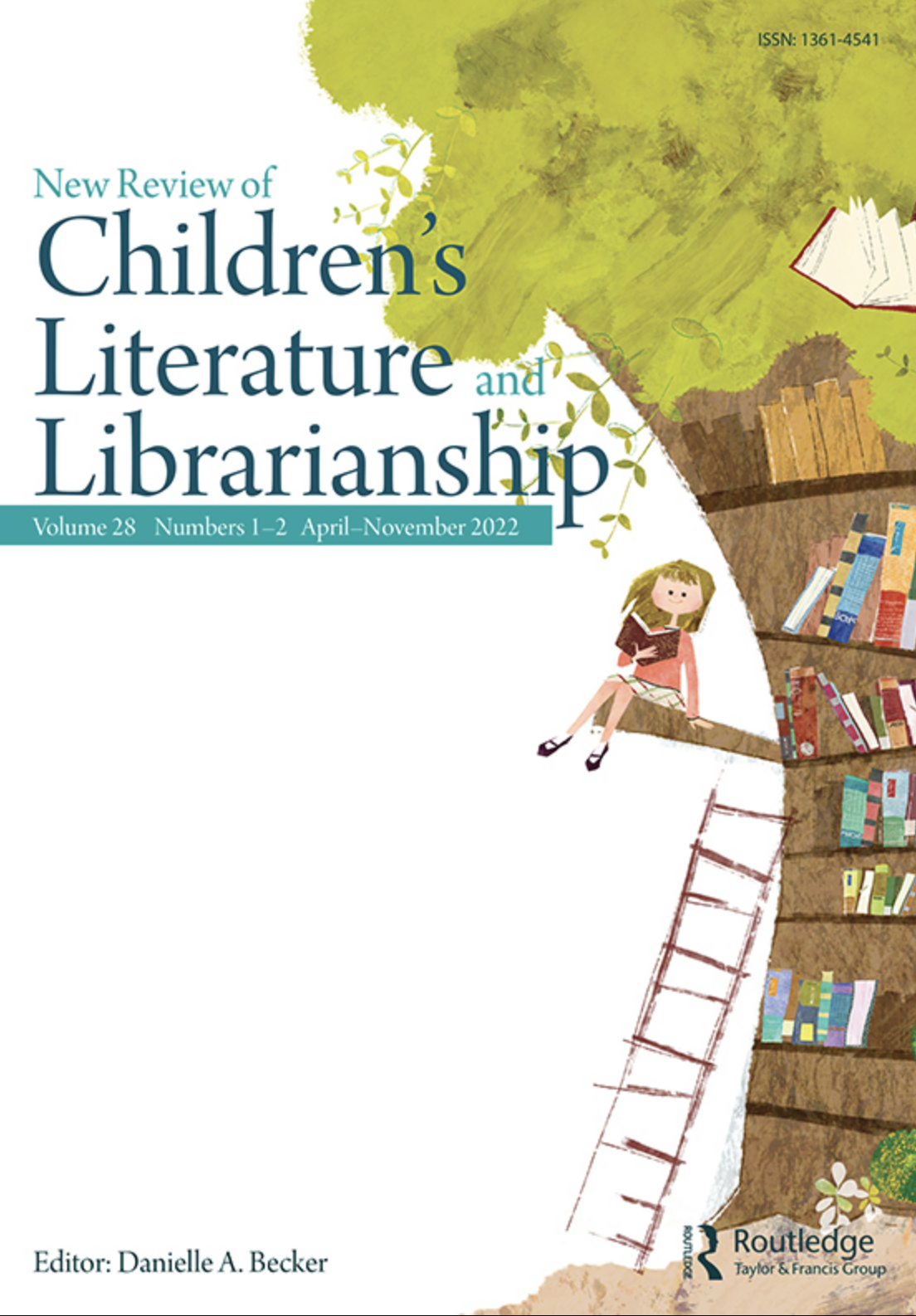 Post image of a New Review of Children's Literature and Librarianship featuring the covers of one of the journals' editions with an illustration of a young girl in a treehouse where the tree is also a bookshelf and the journals' title displayed in blue and teal.