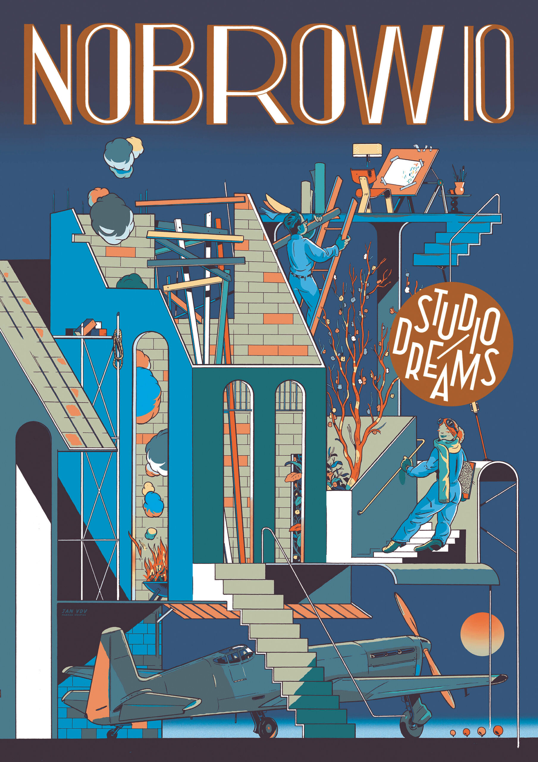 Post image for Nobrow Books featuring a graphic surrealist illustration of a deconstructed building with the name Nobrow 10 above it in an art deco style on a dark blue background.