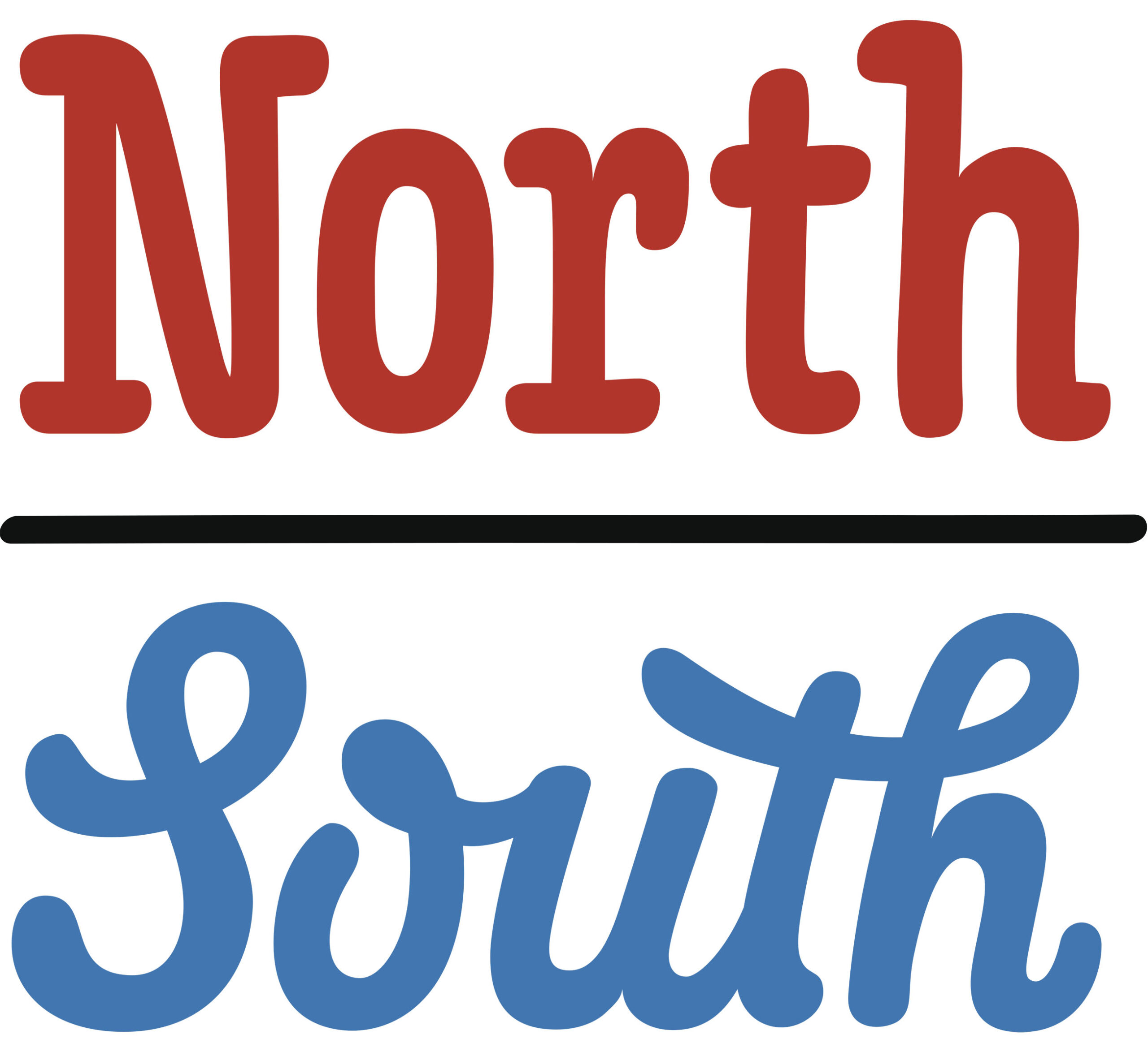 Post image for North South Books featuring their logo with is the word North in a comical serif font in dark red above the word South in a comical blue cursive font separated by a black line.