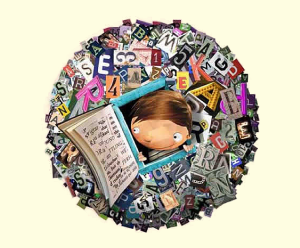 Hero image for Outside in World featuring a stylized illustration that appears like a claymation screenshot of a globe made up of different styles and colors of block letters and a window whose shutter is a book with a child peaking his head out of it.