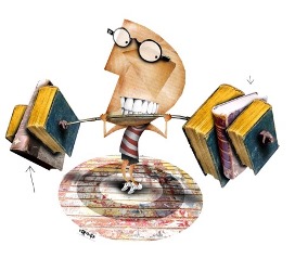 Post image for Outside in World featuring an illustration of a person holding up a rack of weights except the weights are replaced by thick books.