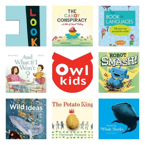 Post image for Owlkids Books featuring a three by three grid with the middle square featuring their logo which is a red graphic mimicking an owl's face the words "Owl kids" within it in white. The surrounding squares feature different excerpted parts of covers of books published by the organization.