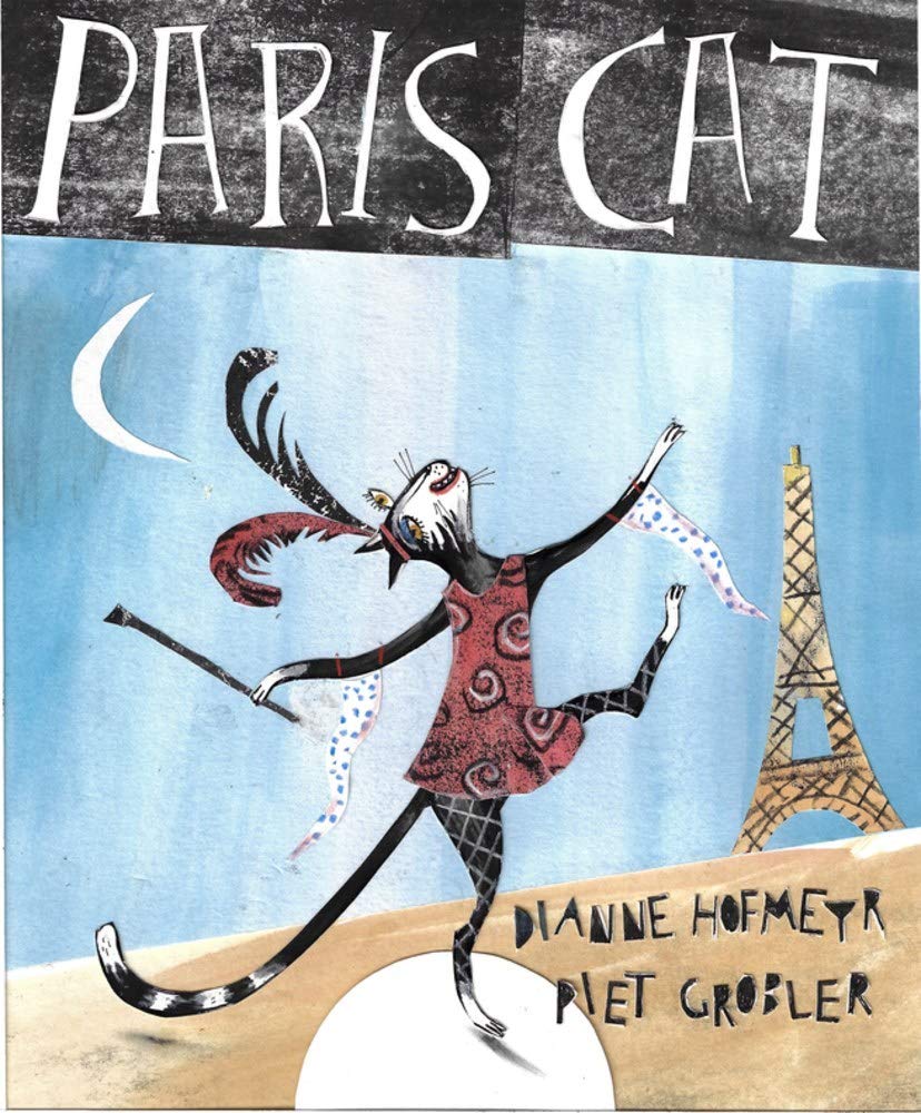 Cover for Paris Cat featuring an illustration of a cat in a cabaret-like red patterned outfit with a feathered headpiece on and a baton in hand who is dancing with the Eiffel tower and a crescent moon in the background.