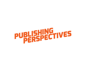 Hero image for Publishing Perspectives featuring their logo which is their organization's name displayed diagonally in a sans-serif font in stark bright orange on a white background.