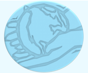 Hero image for the Rutgers International Youth Literature Libguide featuring it's logo depicting outstretched hands with a globe in them in blue on a blue round background. The background behind that is light blue.