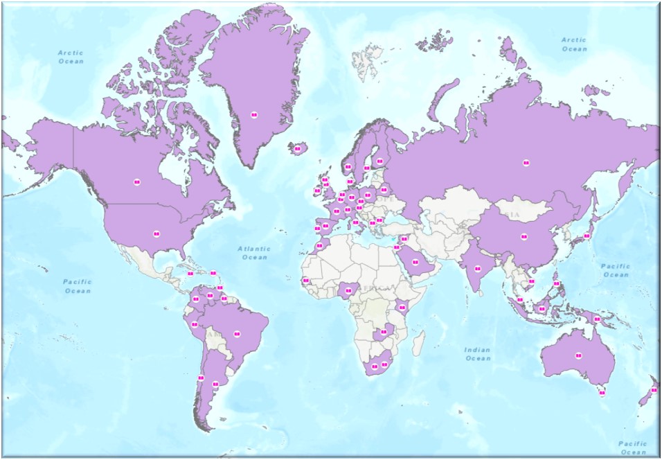 Post image for the Rutgers International Youth Library Libguide featuring a world map with some countries highlighted in purple indicating countries of authors whose titles are held in the Youth collection.