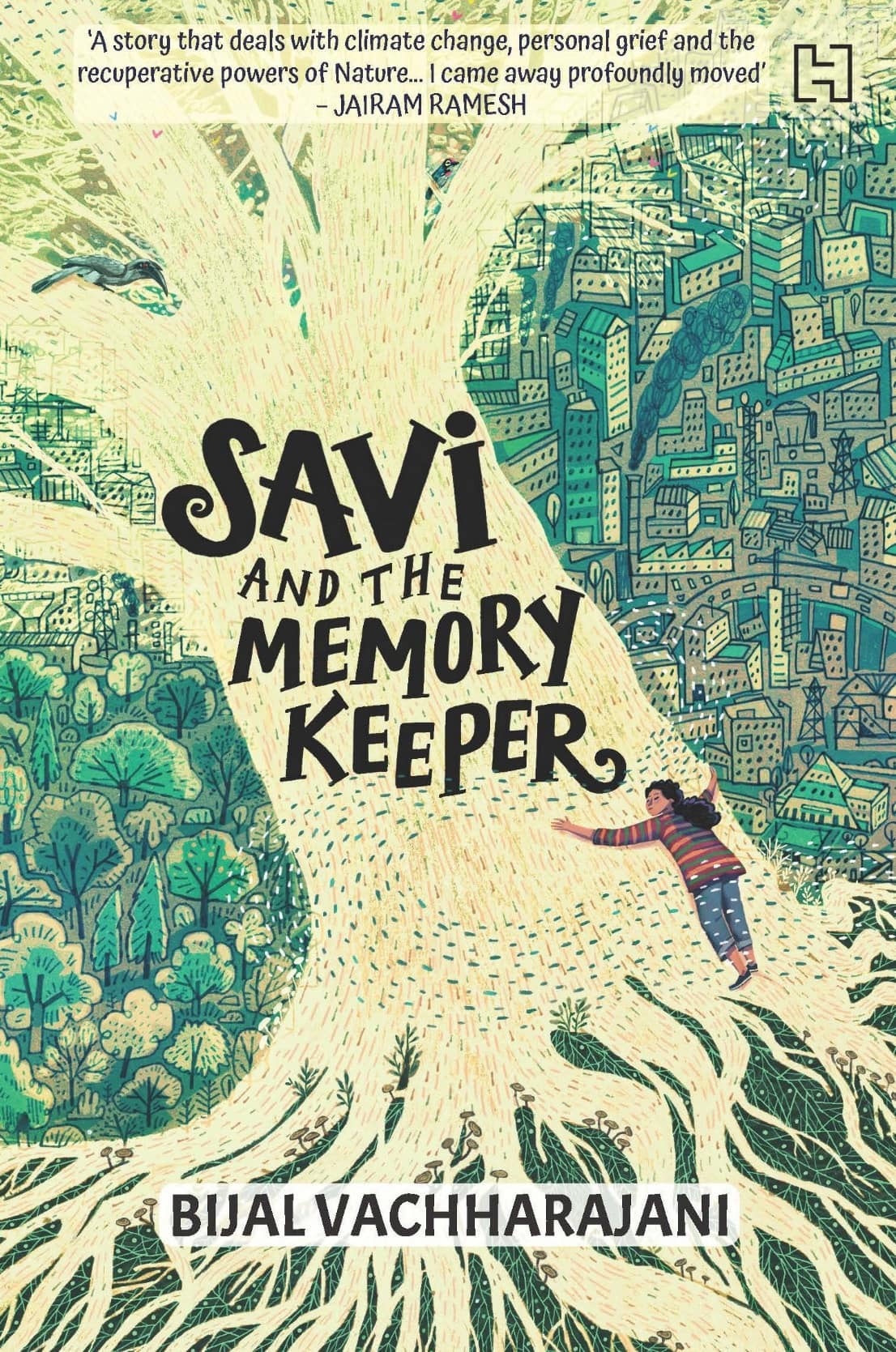 Cover for Savi and the Memory Keeper featuring an illustration of the silhouette of a large pale yellow tree with spindly roots over top a green landscape of foliage to the left and a city to the right with a girl hugging it's trunk. The book's title is displayed in black on top of the tree.