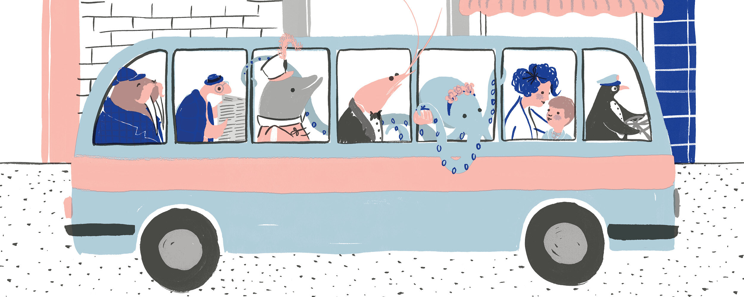 Post image for Scribble/Scribe Productions featuring an illustration of a bus with sea creatures as passengers except for one pair of people who appear to be parent and child. There is a penguin driving the bus. The colors throughout the illustration are predominately baby pink, baby blue, and dark blue.