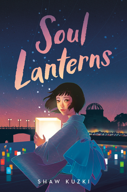 Cover for Soul Lanterns featuring an illustration of a woman at night with dark hair in a short bob haircut and bangs in a blue kimono looking at the viewer from over her shoulder while holding a paper lantern in her hands. In the background is a cityscape with stars in the night sky. The book's title is displayed in a glowing purple, pink, yellow, and orange as if illuminated by the paper lantern.