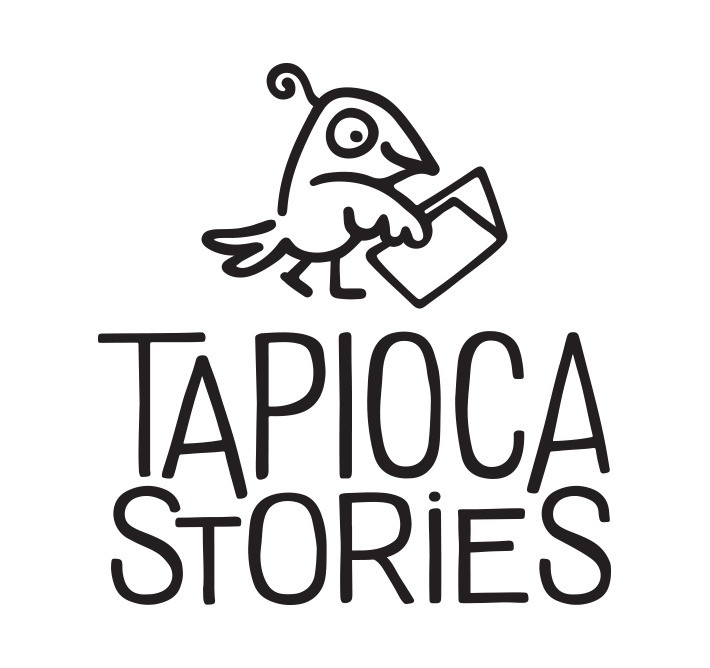 Post image for Tapioca Stories featuring their logo which is an illustration of a bird reading a book above the words "Tapioca Stories" in all uppercase letters in a sans-serif font with some letters in a smaller size. Everything is displayed in black on a white background.