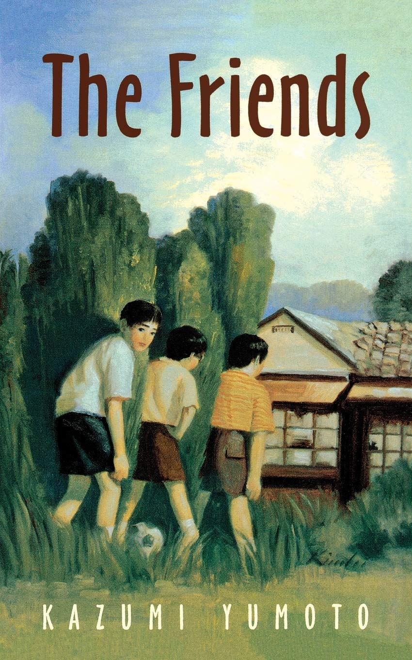 Cover of The Friends featuring an illustration of three boys playing soccer and hiding among bushes in front of a house in the background.