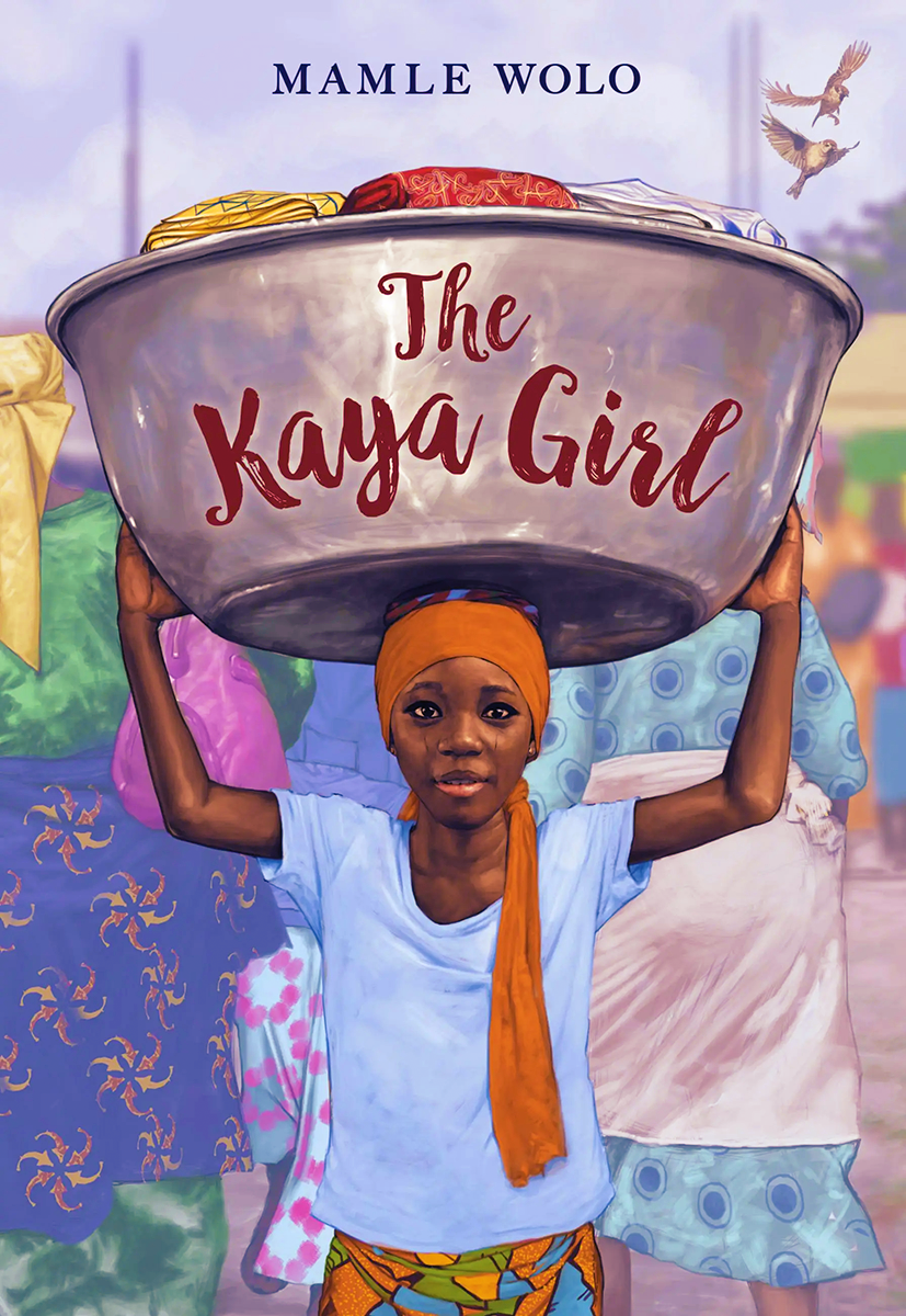 Cover for The Kaya Girl featuring a realistic style illustration of a girl with an orange headscarf and blue shirt on carrying a large bowl on her head and the blurred shapes of people in the background. The book's title is displayed in dark red on top of the bowl.