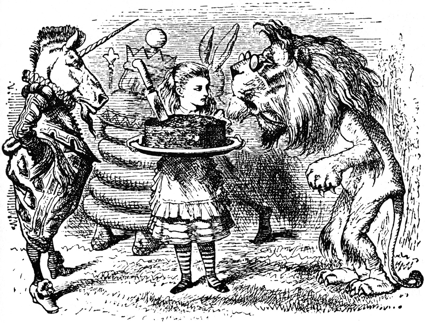 Hero image for The Looking Glass: New Perspectives on Children's Books featuring one of the original pencil illustrations for Alice's Adventures in Wonderland depicting Alice serving food to an old lion and a unicorn with other characters in the background.