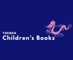 Hero image for Themed Children's Books from and about Asia featuring text in white that reads "Themed Children's Books" and a graphic of a pink dragon on top and to the right of it all on a dark purple background.
