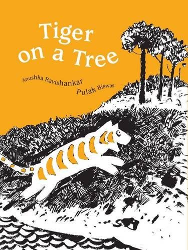 Cover for Tiger On a Tree featuring an illustration of the silhouette of a tiger in white and orange running away from the viewer on a hill into a grove of three trees. The hill and trees are illustrated in black ink. The cover's background is orange and the title is displayed in white.