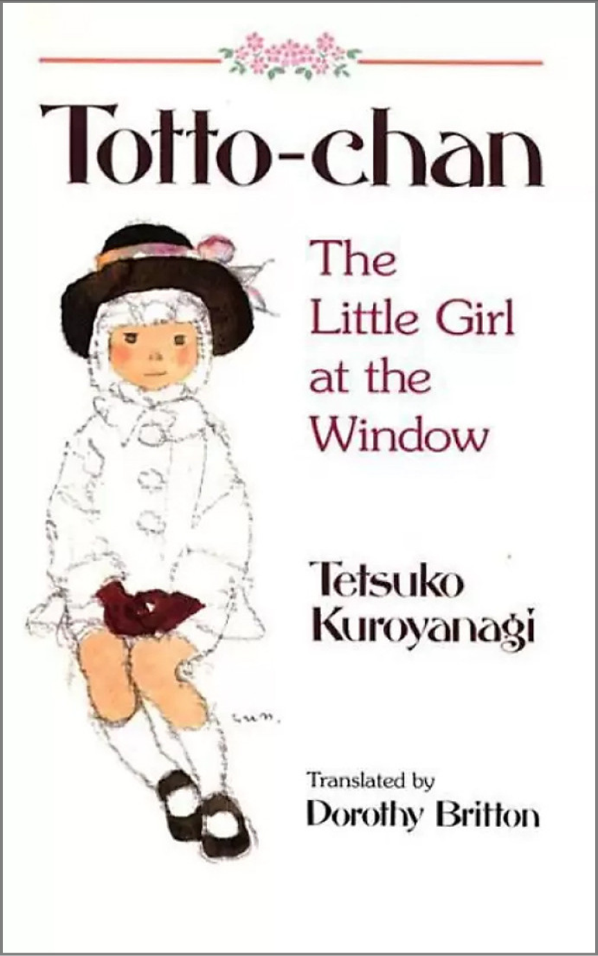 Cover for Totto-chan: The Little Girl at the Window featuring an illustration of a young girl sitting in a formal outfit with a white coat, white socks, black mary jane shoes, a white head covering, and a black brimmed hat with a multi-colored ribbon around it on. The entirety of the cover is simple and white and the text is displayed in black and pink in a serif font. There is a vintage style flourish at the top of the cover that is a pink line with a bouquet of roses at the center.