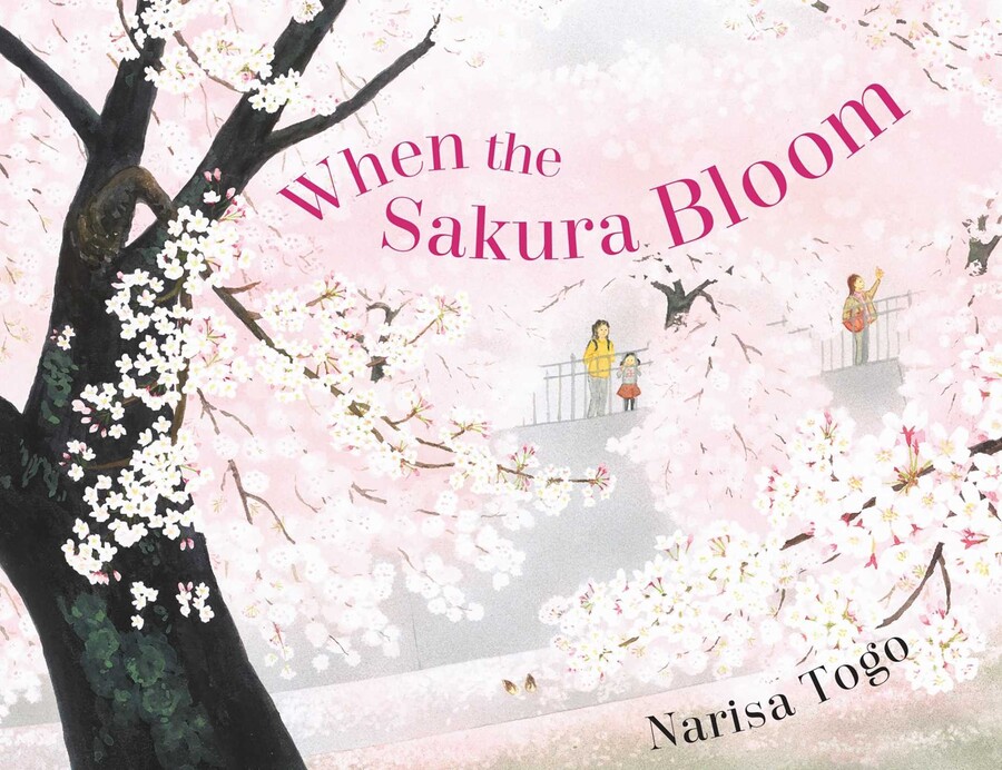 Cover for When the Sakura Bloom featuring an illustration of a vivid soft pink cherry tree in bloom in the foreground and a woman and child in the background visible between its the branches. The book's title is displayed in hot pink.