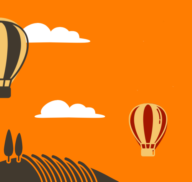 Hero image for World Kid Lit featuring a graphic design of hot air balloons and clouds above the silhouette of a rolling hill with trees and crop lines on it on a bright orange background.
