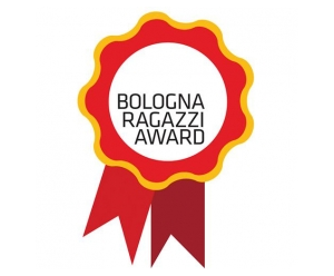 Hero image for the Bologna Ragazzi Award featuring the award's logo which is the name of the award inside of a graphic of a red award ribbon lined with yellow on a white background.