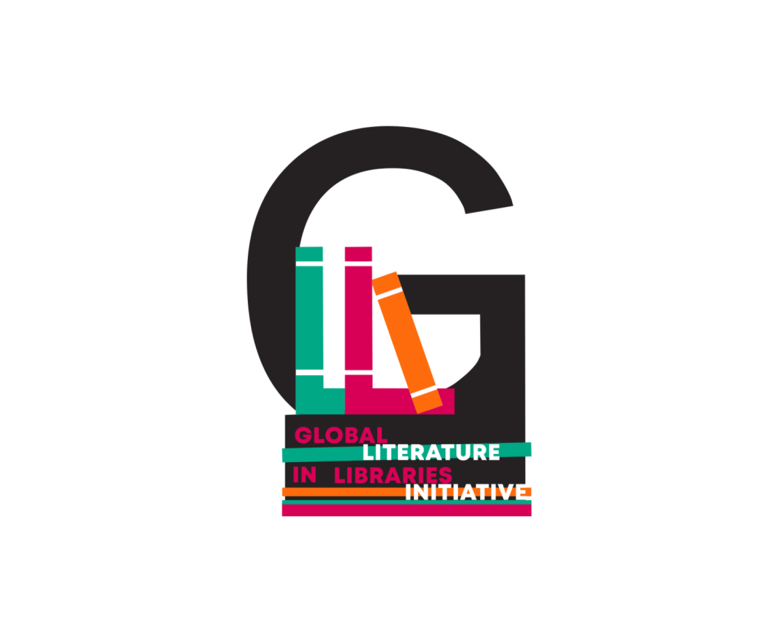 Hero image for the Organizations category featuring the Global Literature in Libraries Initiative logo which is a large black G with a green, reddish-pink, and orange book inside of it sitting on top of a stack of books with the name of the initiative in the foreground.