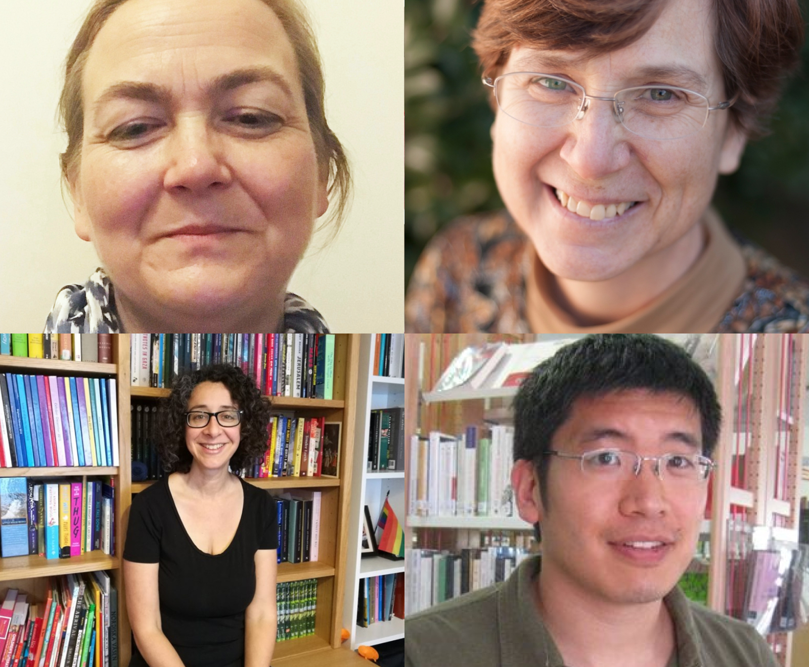 Hero image for the Translators category featuring four photos of translators in a grid style. On the top left is Helen Wang, on the top right is Cathy Hirano, on the bottom left is BJ Woodstein, and on the bottom right is Edward Gauvin.